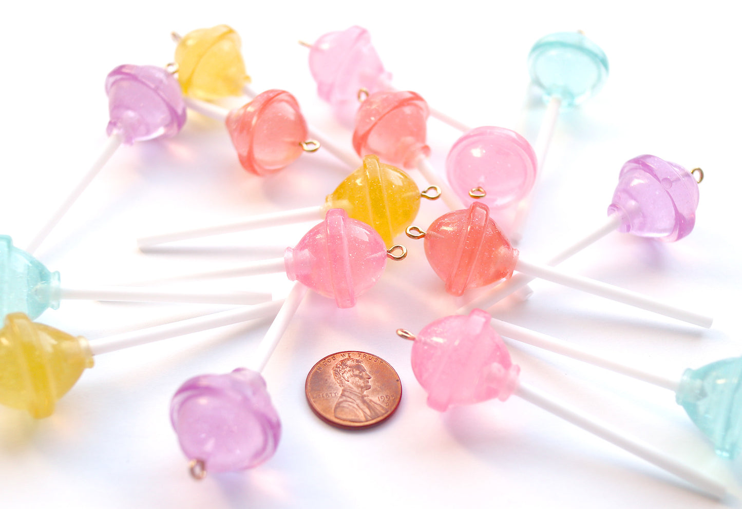 Lollipop Charms - 21mm Translucent Shimmer Pastel Little Lollipop Plastic Pendants or Resin Charms - 10 pc set