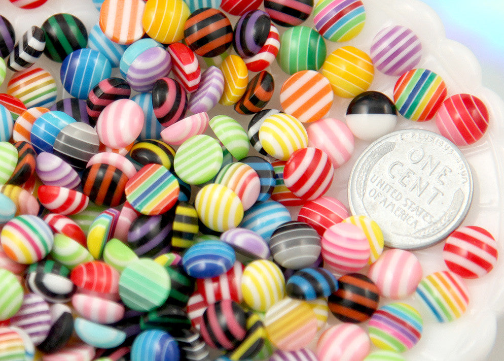 8mm Tiny Round Striped Mixed Flatback Acrylic or Resin Cabochons - 50 pc set