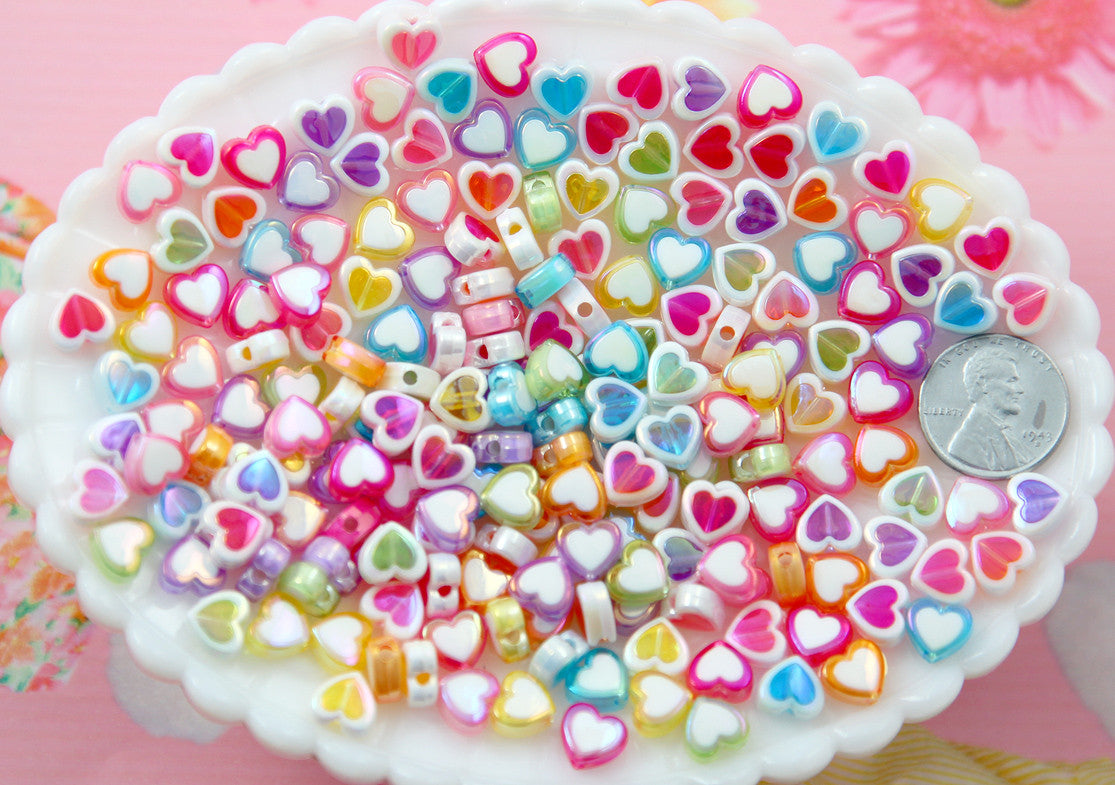 Pastel Heart Beads - 8mm Amazing Tiny AB Pastel Double Heart Resin or Acrylic Beads - 56 pc set