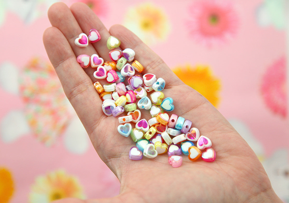 Pastel Heart Beads - 8mm Amazing Tiny AB Pastel Double Heart Resin or Acrylic Beads - 56 pc set