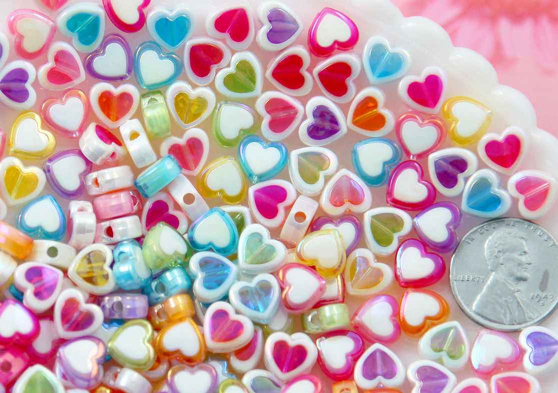 Pastel Heart Beads - 8mm Amazing Tiny AB Pastel Double Heart Resin or Acrylic Beads - 56 pc set