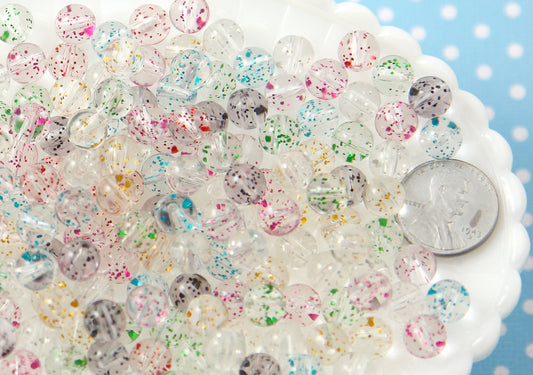 Glitter Beads - 8mm Small Transparent Glitter Acrylic or Plastic Beads - 150 pc set