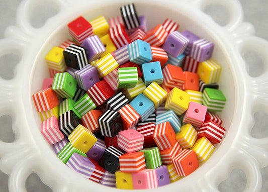 8mm Small Striped Cube Resin Beads - 100 pc set