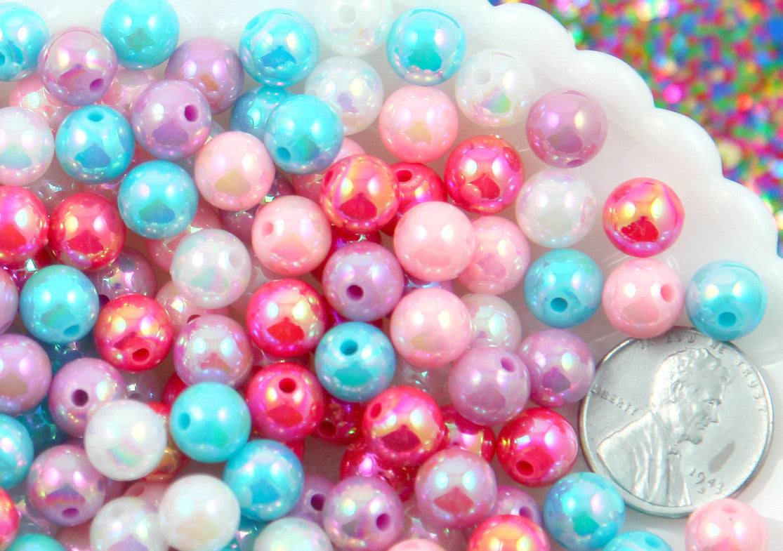 Iridescent Beads - 8mm Round Pastel AB Iridescent Acrylic Pearl Plastic Beads - 150 pc set