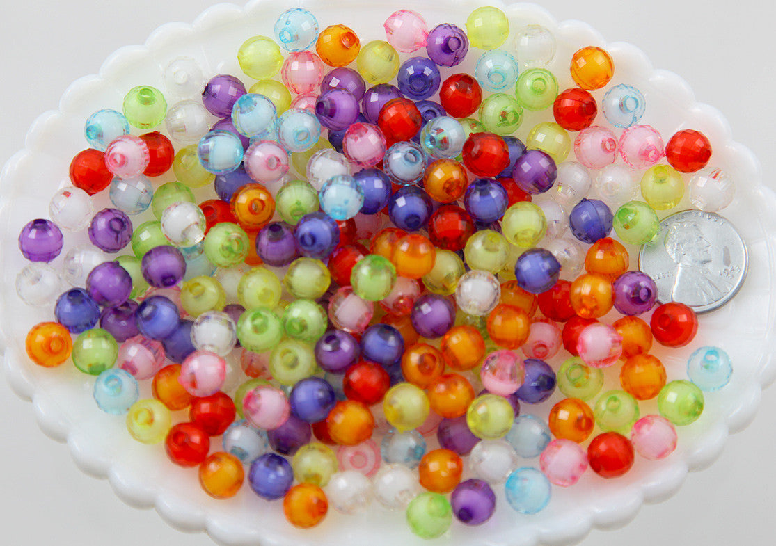 8mm Small Faceted Acrylic Beads - Tiny Colorful Double Inner Bead Round Resin Beads - Mixed Colors - 150 pc set