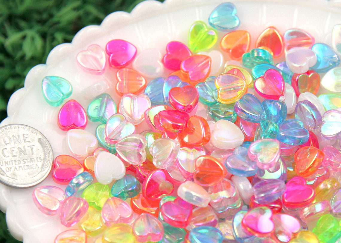 Heart Beads - 8mm Tiny AB Iridescent Pastel Hearts Resin or Acrylic Beads, mixed color, small size beads - 200 pc set