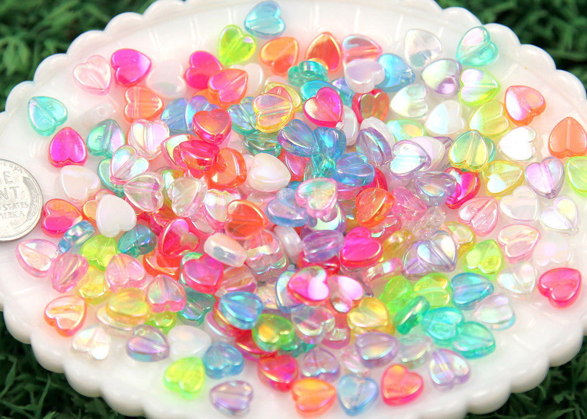 Heart Beads - 8mm Tiny AB Iridescent Pastel Hearts Resin or Acrylic Beads, mixed color, small size beads - 200 pc set