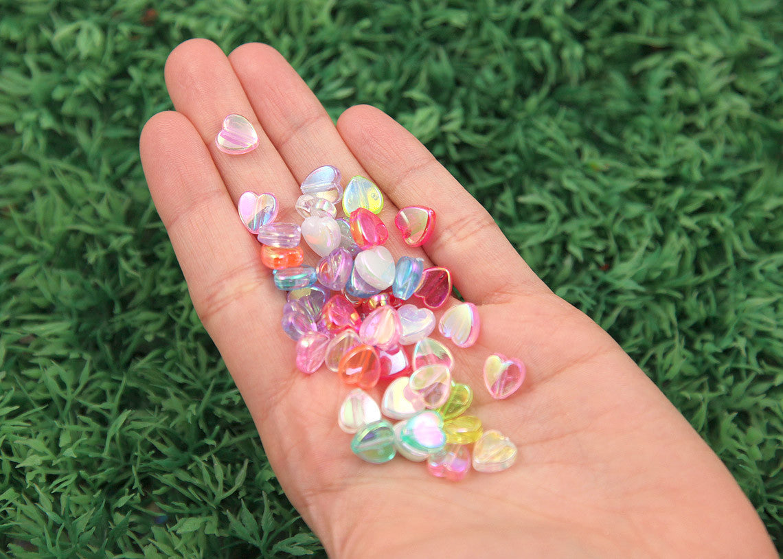 Heart Beads - 8mm Tiny AB Iridescent Pastel Hearts Resin or Acrylic Beads, mixed color, small size beads - 200 pc set