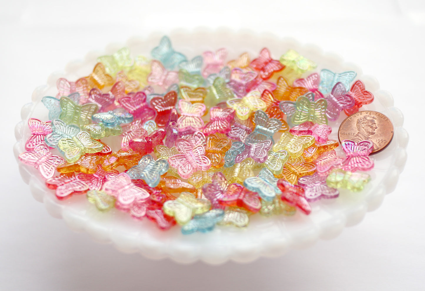 Butterfly Beads - 14mm AB Translucent Iridescent Color Little Butterfly Shaped Resin or Acrylic Beads - 100 pc set