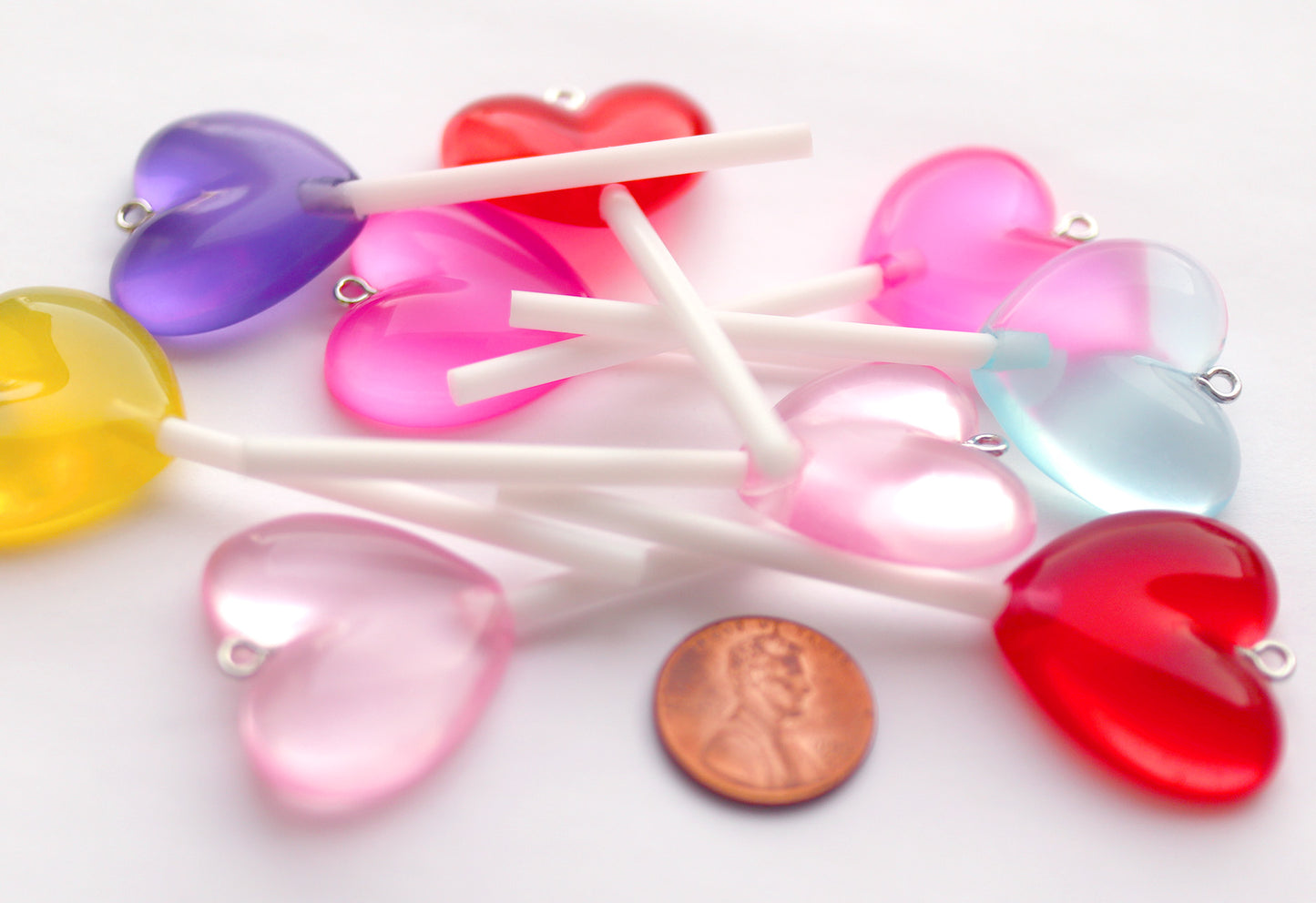 Heart Lollipop Charms - 70mm Big Translucent Heart Shaped Fake Candy Acrylic or Resin Charms - 6 pc set