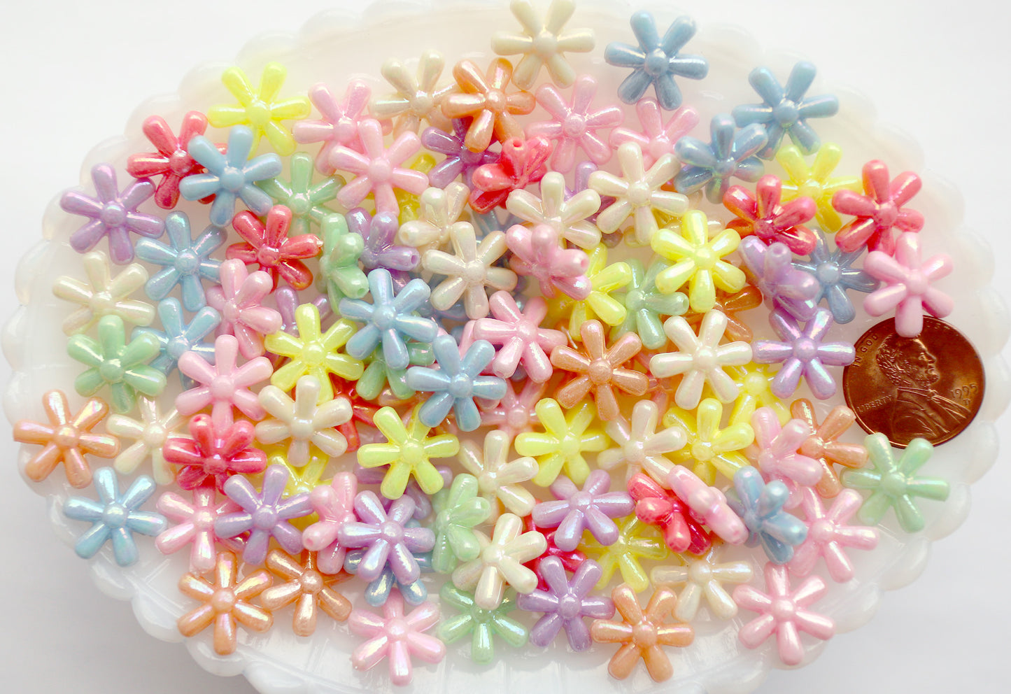 Flower Beads - 13mm AB Pastel 6-Petal Flower Beautiful Bright Iridescent Color Plastic Acrylic or Resin Beads – 100 pc set