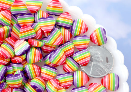 Rainbow Hearts - 10mm Rainbow Striped Hearts Purple Rainbow Acrylic or Resin Flatback Cabochons - 30 pc set