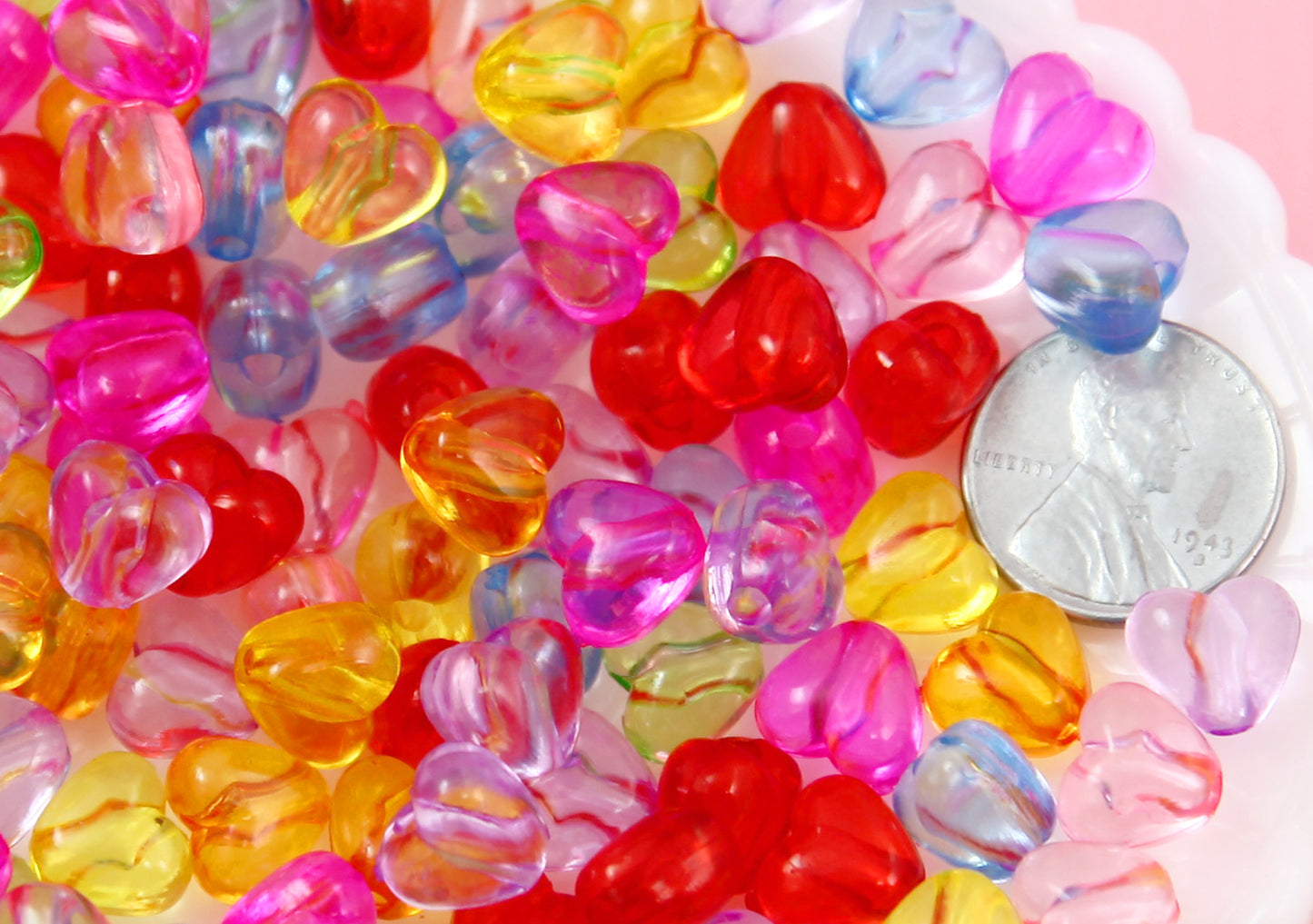 Heart Beads - 8mm Tiny Translucent Heart Beads Resin or Acrylic Beads, mixed color, small size beads - 150 pc set