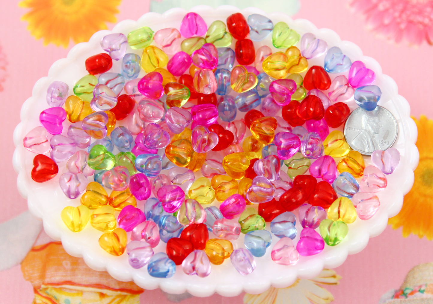 Heart Beads - 8mm Tiny Translucent Heart Beads Resin or Acrylic Beads, mixed color, small size beads - 150 pc set