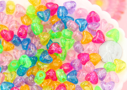 Colorful Plastic Beads - 9mm Vibrant Glitter Heart Bead Resin or Acrylic Beads, mixed color, small size beads - 150 pc set