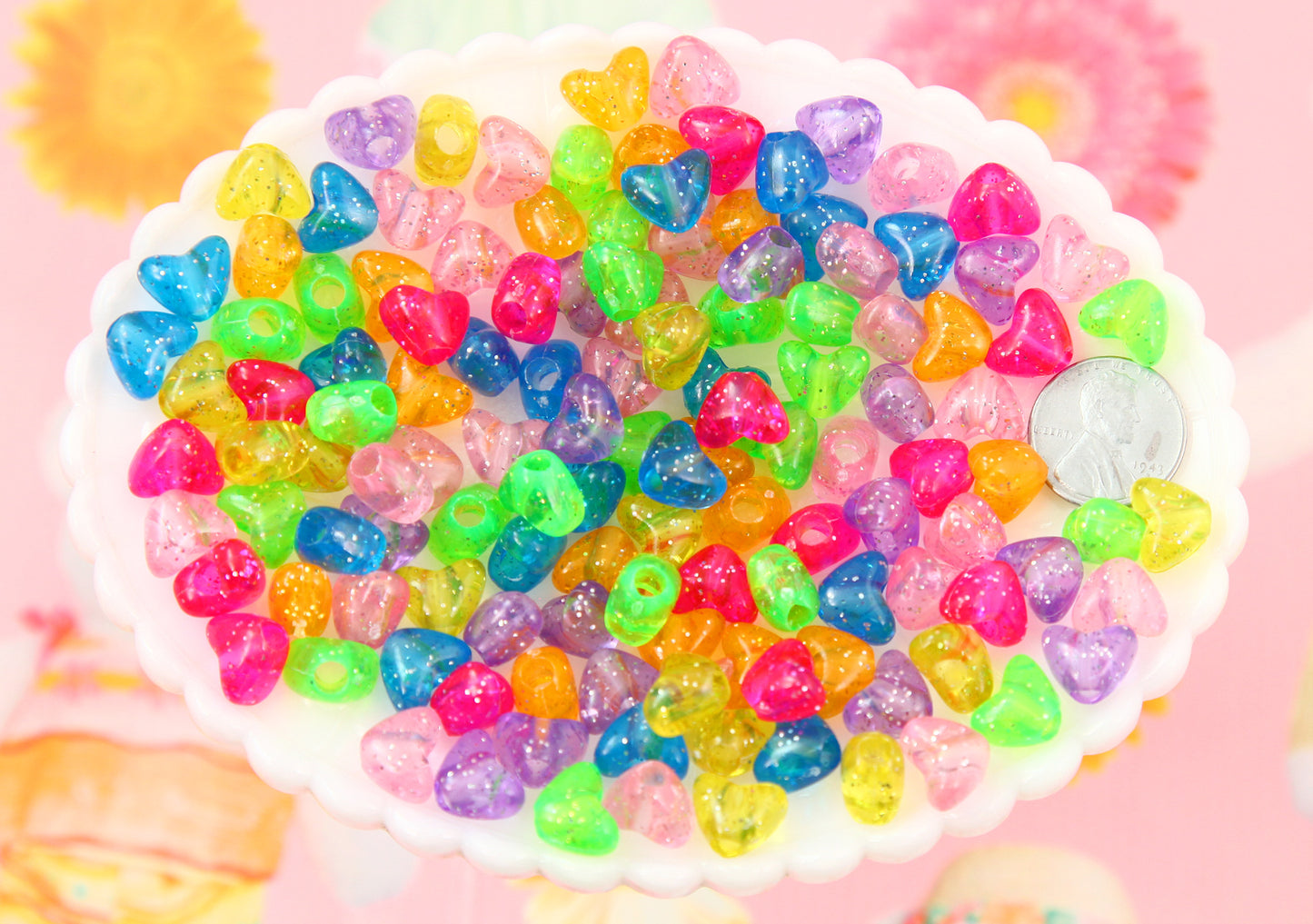 Colorful Plastic Beads - 9mm Vibrant Glitter Heart Bead Resin or Acrylic Beads, mixed color, small size beads - 150 pc set