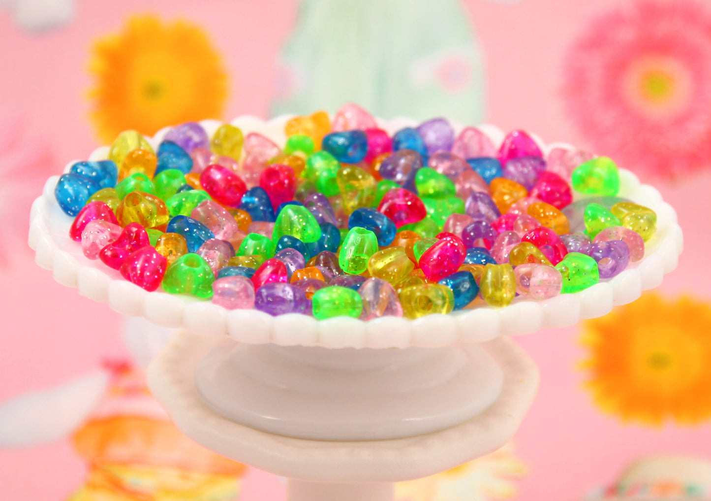 Colorful Plastic Beads - 9mm Vibrant Glitter Heart Bead Resin or Acrylic Beads, mixed color, small size beads - 150 pc set