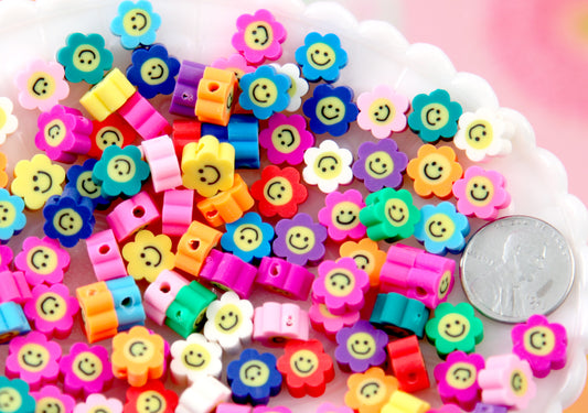 Happy Flower Beads - 9mm Happy Face Flower with Smile Shape Fimo or Polymer Clay Beads - 50 pc set