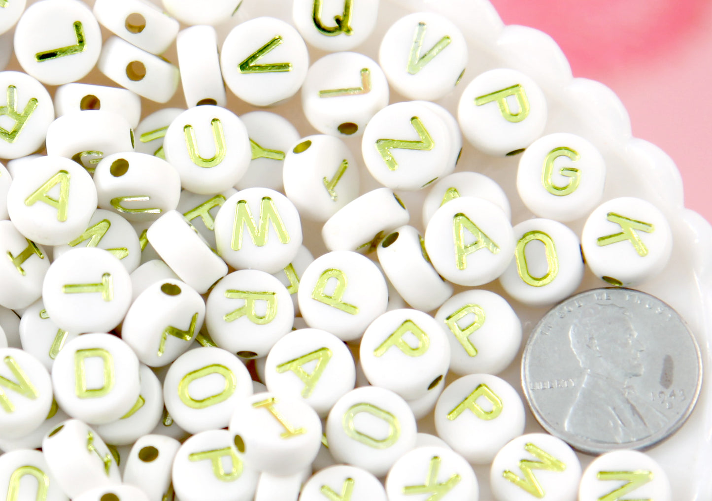 Big Letter Beads - 10mm Large Round Gold and White Alphabet Acrylic or Resin Beads - 170 pc set