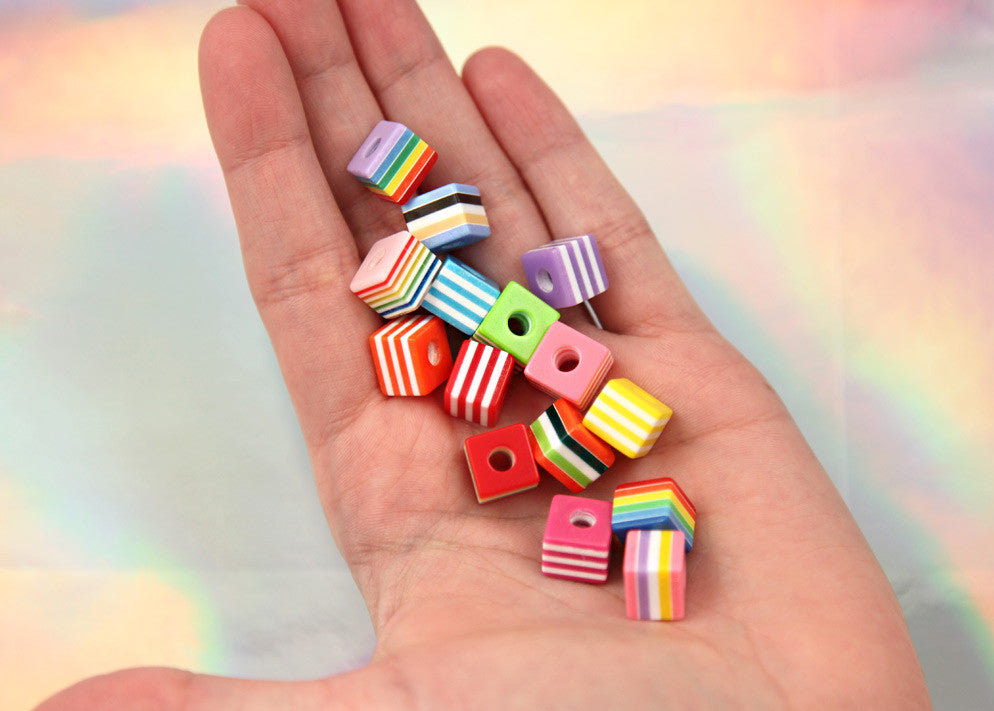 9mm Small Striped Cube Resin Beads, mixed color - 80 pc set
