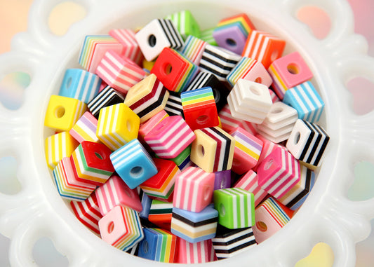 9mm Small Striped Cube Resin Beads, mixed color - 80 pc set