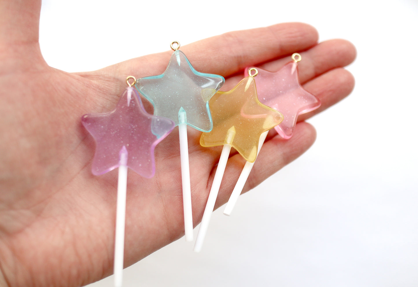 Lollipop Charm - 75mm Bright Star Shaped Fake Lollipop Kawaii Fairy Magic Wand Candy Resin Charms - Mixed Colors - 4 pc set