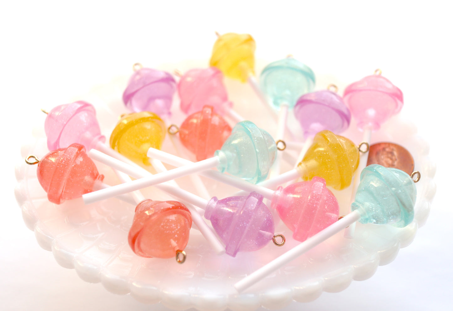 Lollipop Charms - 21mm Translucent Shimmer Pastel Little Lollipop Plastic Pendants or Resin Charms - 10 pc set