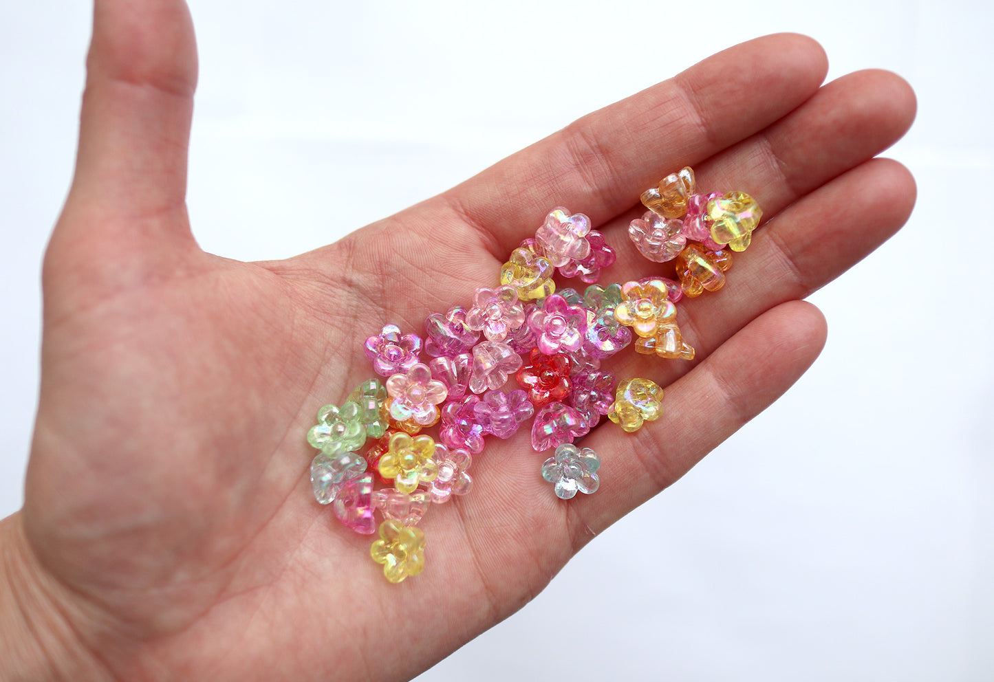 Flower Beads - 10mm Tiny 3D Flower AB Bead with Back Hole Iridescent Transparent Color Plastic Acrylic or Resin Beads – 150 pc set
