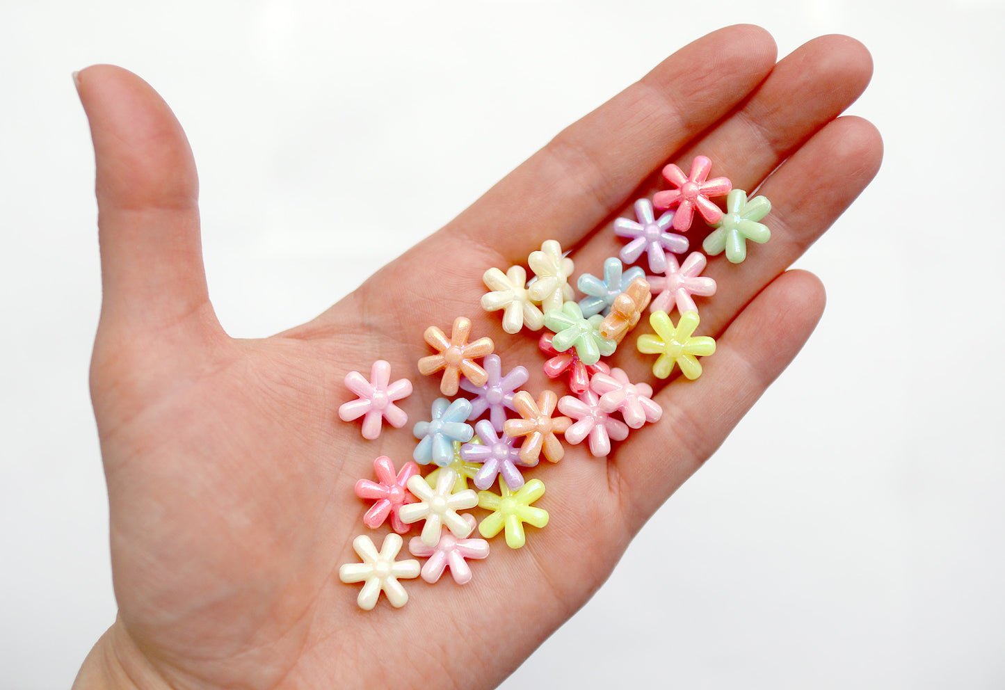 Flower Beads - 13mm AB Pastel 6-Petal Flower Beautiful Bright Iridescent Color Plastic Acrylic or Resin Beads – 100 pc set