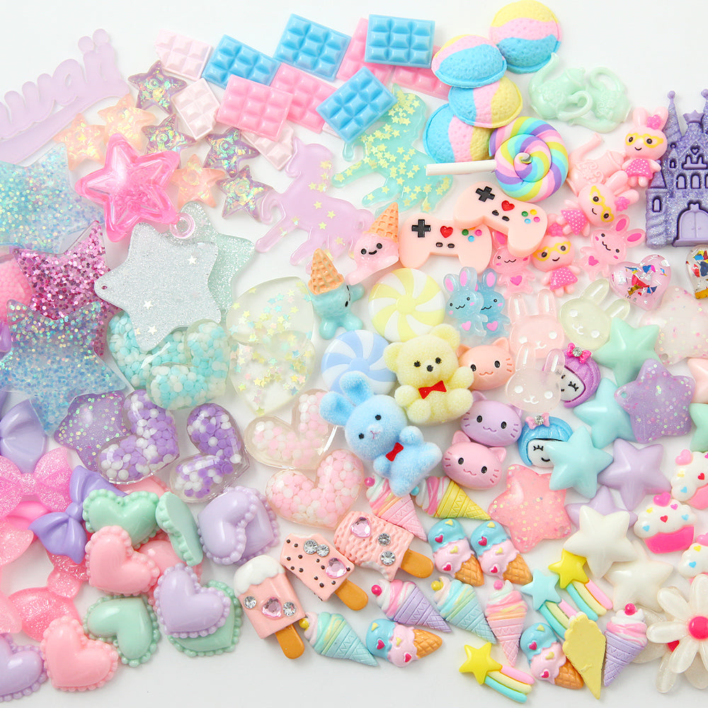 US Seller - 100+ pcs Pastel Charms and Flatbacks Grab Bag - Cute Resin Cabochons for crafts!
