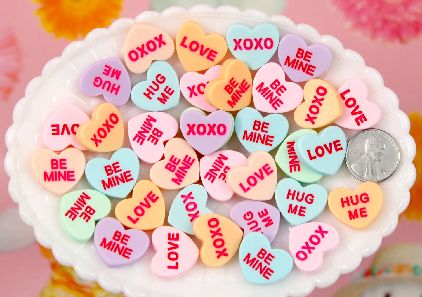 Valentine's Day Hearts - 20mm Pastel Conversation Hearts Resin Flat Back Cabochons - 17 pc set