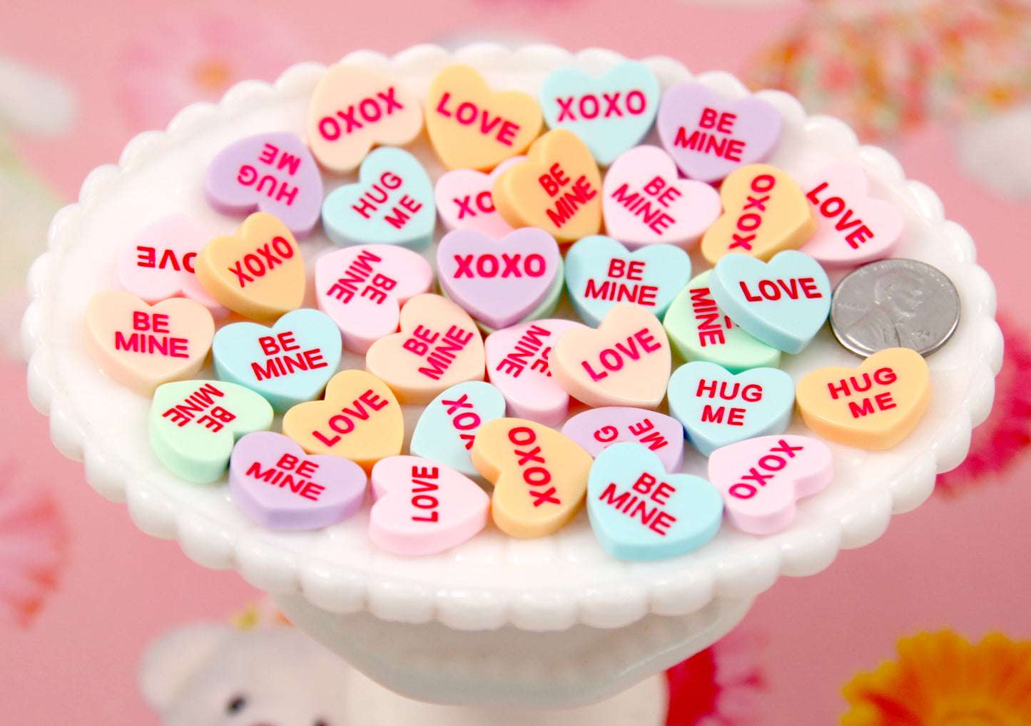 Valentine's Day Hearts - 20mm Pastel Conversation Hearts Resin Flat Back Cabochons - 17 pc set