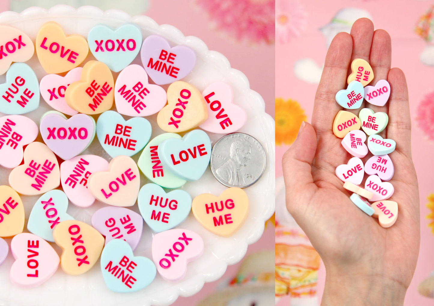 Valentine's Day Hearts - 20mm Pastel Conversation Hearts Resin Flat Back Cabochons - 17 pc set