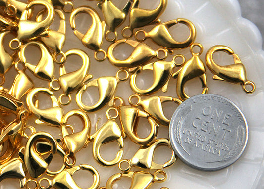 15mm Gold Plated Lobster Clasps - 10 pc set