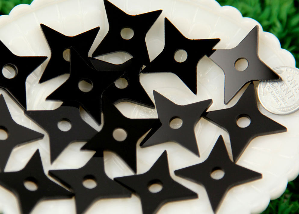 33mm Black Shuriken Ninja Star Mini Throwing Stars Acrylic or Resin Cabochons - 6 pc set