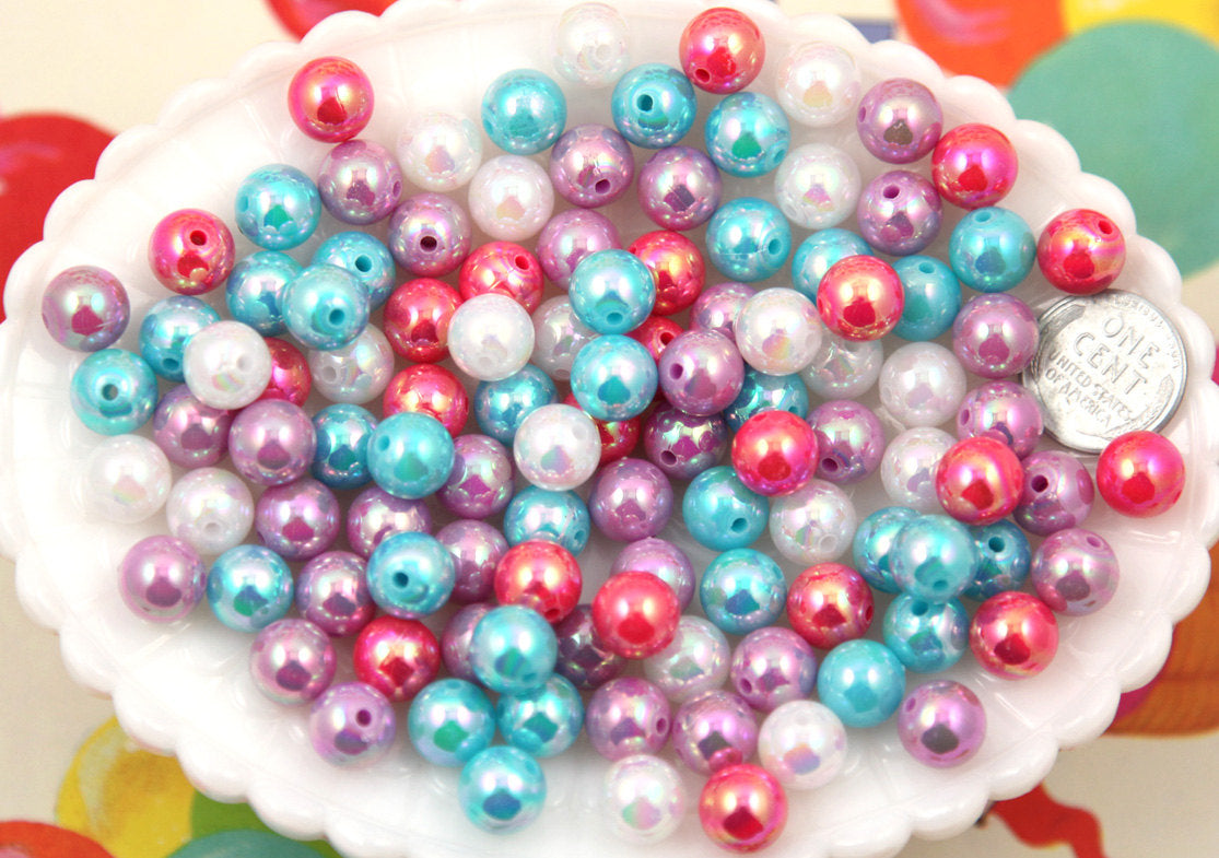 AB Acrylic Beads - 10mm Round Pastel AB Iridescent Acrylic Pearl Plastic Beads - 100 pc set