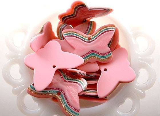 Butterfly Charms - 45mm Pink Butterfly Glitter Resin Pendants - 6 pc set