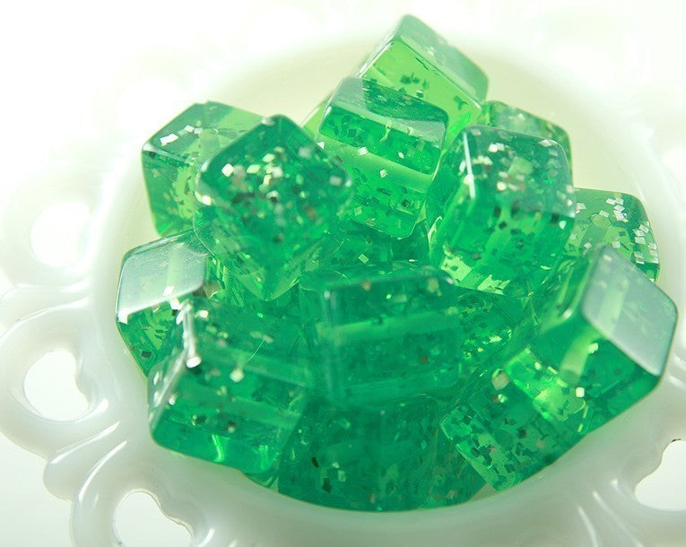 Chunky Beads - 20mm Green Jelly Cube Glitter Chunky Resin Beads - 12 pc set
