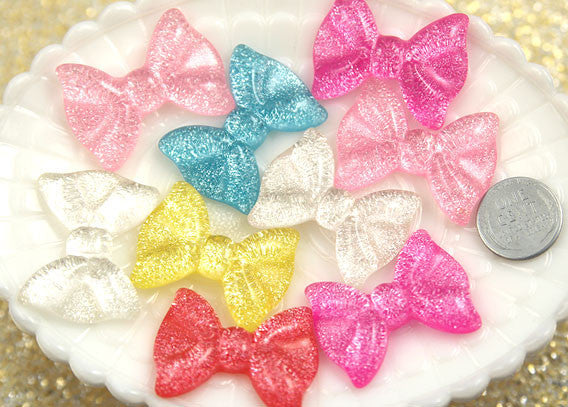35mm Shimmery Ribbon Bow Flatback Resin Cabochons - 6 pcs set