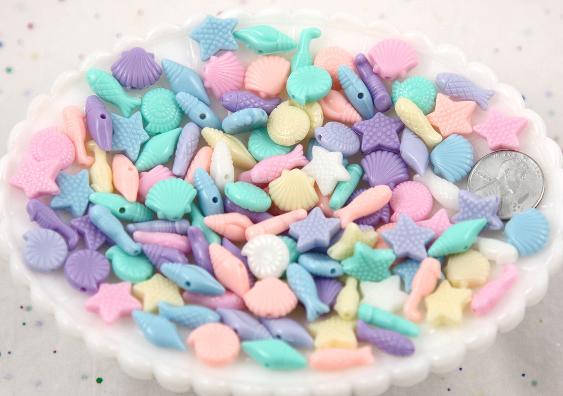 Mermaid Beads - Seashore Mix Small Pastel Mermaid Acrylic or Resin Beads - Shell, Seahorse and Starfish - 150 pc set