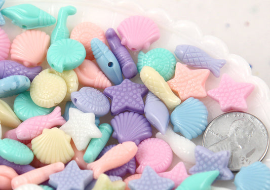 Mermaid Beads - Seashore Mix Small Pastel Mermaid Acrylic or Resin Beads - Shell, Seahorse and Starfish - 150 pc set