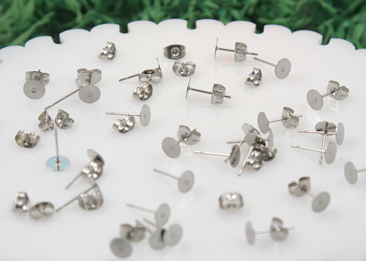 12mm Stainless Steel Stud Earring Posts with 6mm Glue Pads - 15 pairs set