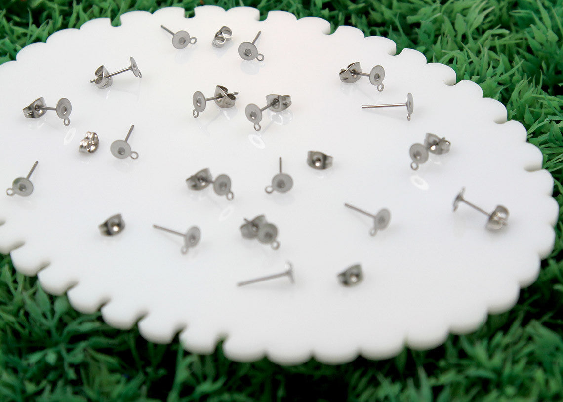 12mm Stainless Steel Stud Earring Posts with 5mm Glue Pads and Loop for Hanging - 15 pairs set