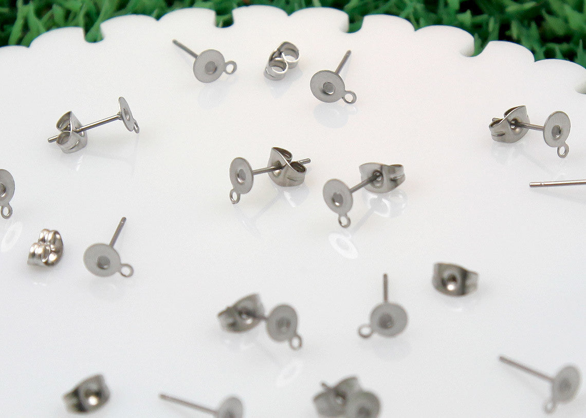 12mm Stainless Steel Stud Earring Posts with 5mm Glue Pads and Loop for Hanging - 15 pairs set